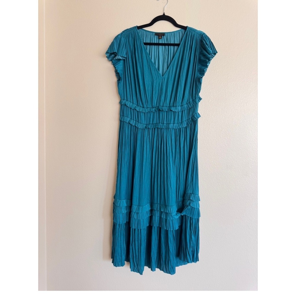 Current Air Teal Peacock Blue Pleated Crinkle Ruffle Midi Dress Coquette Boho